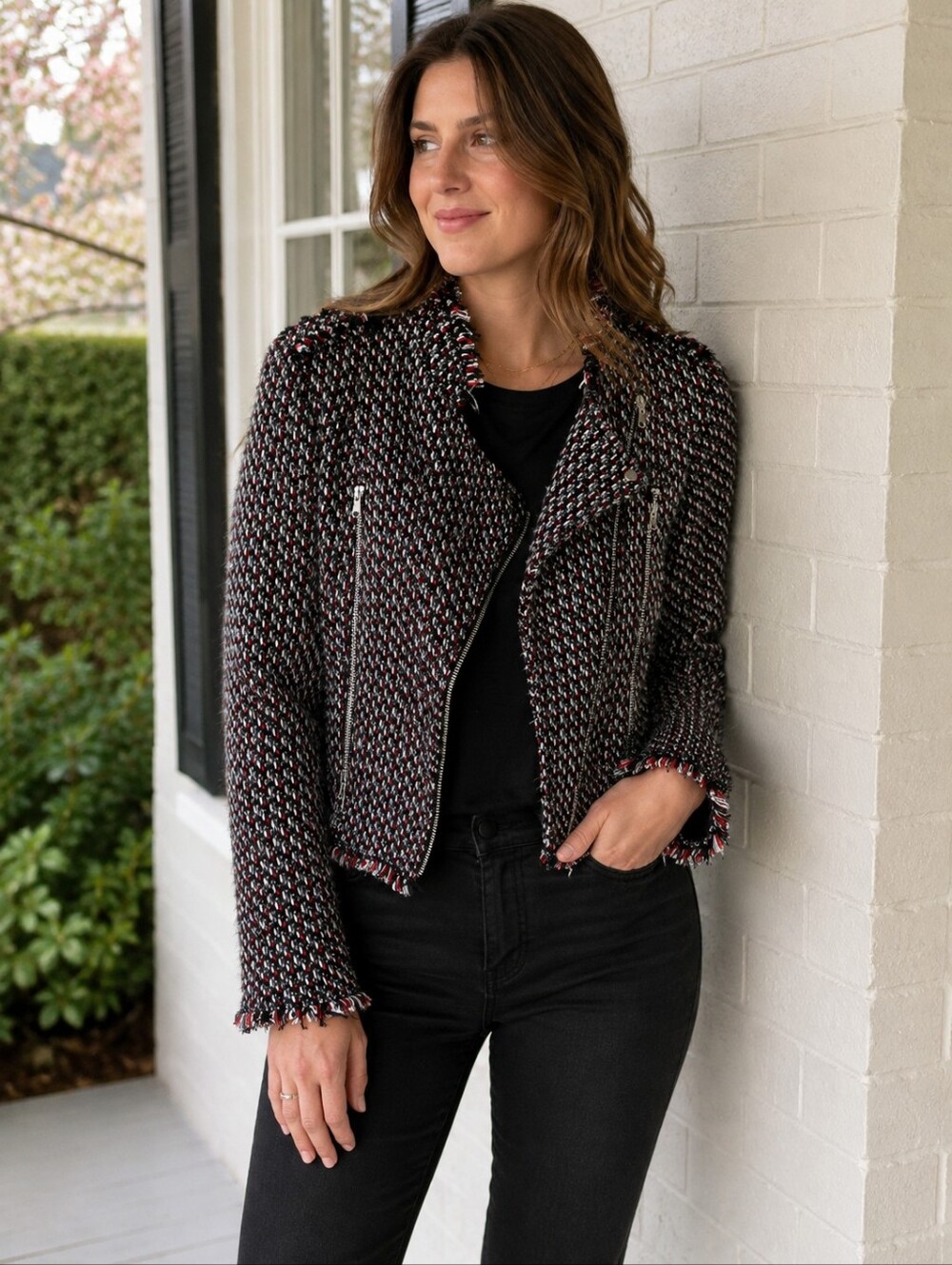 Black Tape Tweed Moto Jacket Women’s Small Black White Red Fringe Zip
